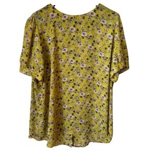 LOFT Womens Yellow Floral Button Front Short Puff Sleeve Blouse XL